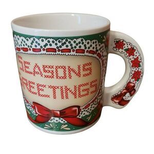 The Love Mug Coffee Cup Seasons Greetings Christmas Red Green Vintage Flowers